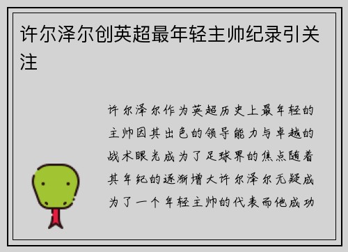 许尔泽尔创英超最年轻主帅纪录引关注 许尔泽尔创英超最年轻主帅纪录引关注