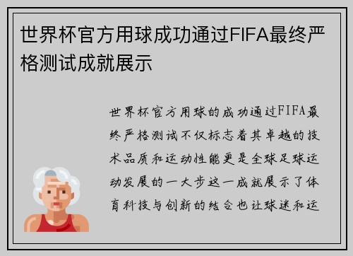 世界杯官方用球成功通过FIFA最终严格测试成就展示 世界杯官方用球成功通过FIFA最终严格测试成就展示